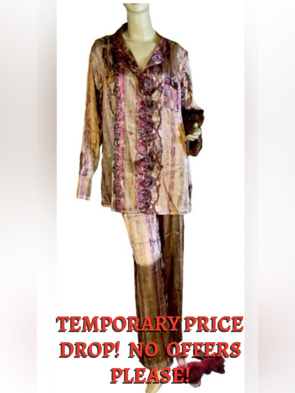 VINTAGE Y2K JACLYN SMITH BURGUNDY & TAN SATIN SNAKESKIN PRINT PAJAMA SET (2X)